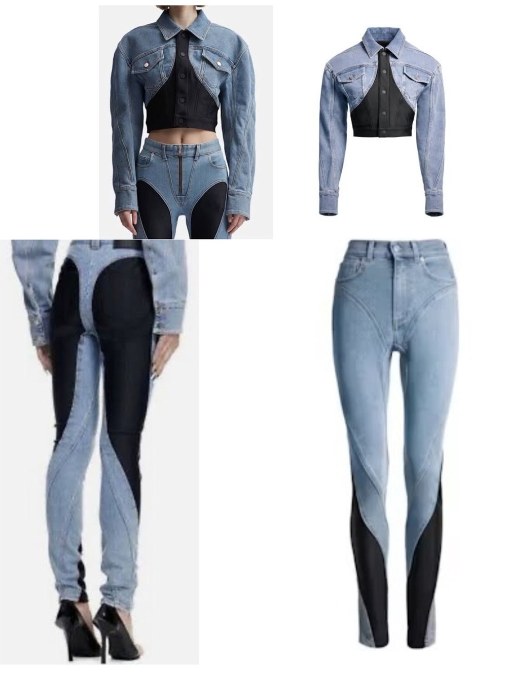 Mugler Two-Tone Blue and Black High-Waist Skinny Jeans with matching jacket